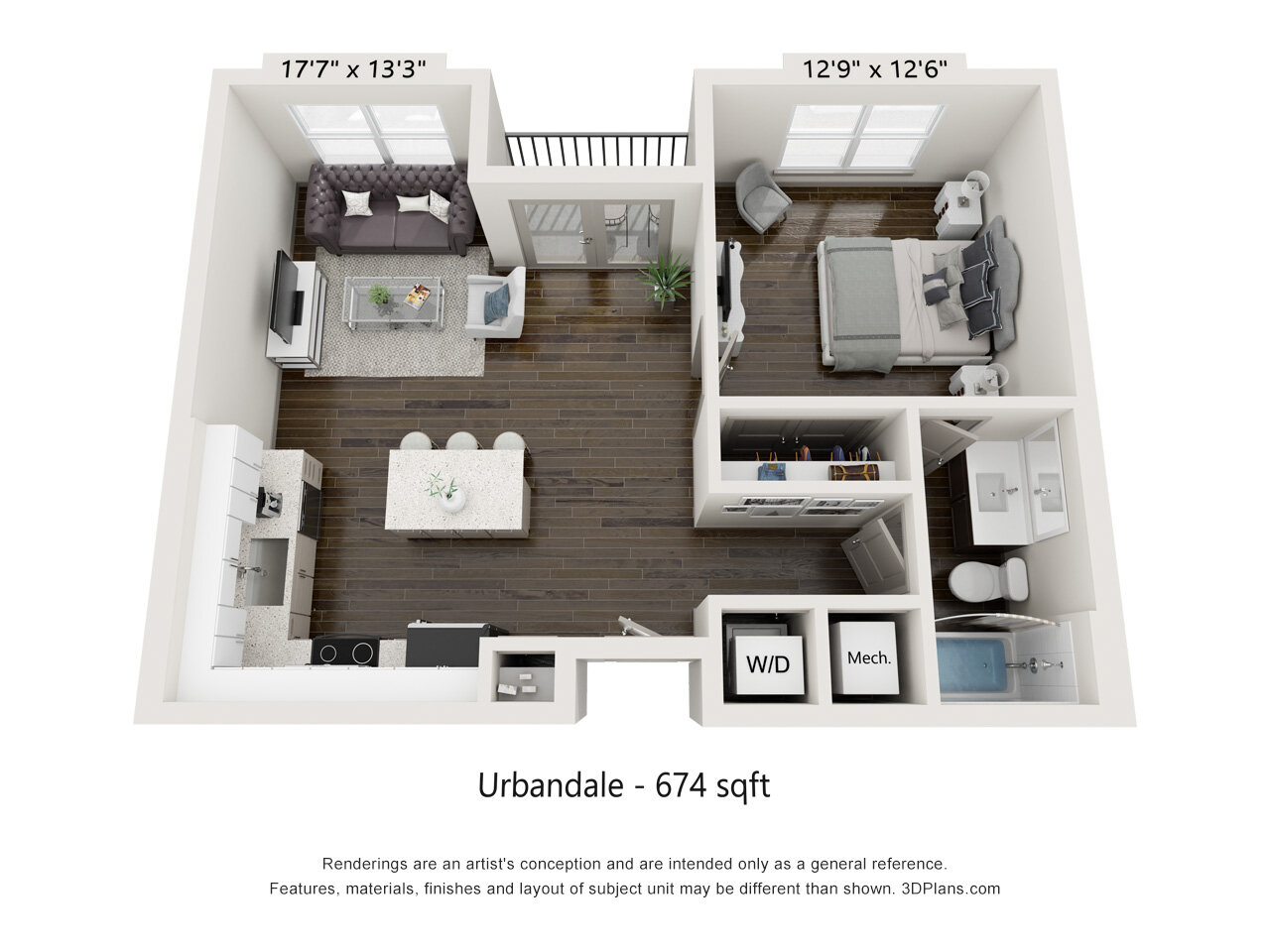 Floor plan for 1 bed, 1 bath, 674 sqft